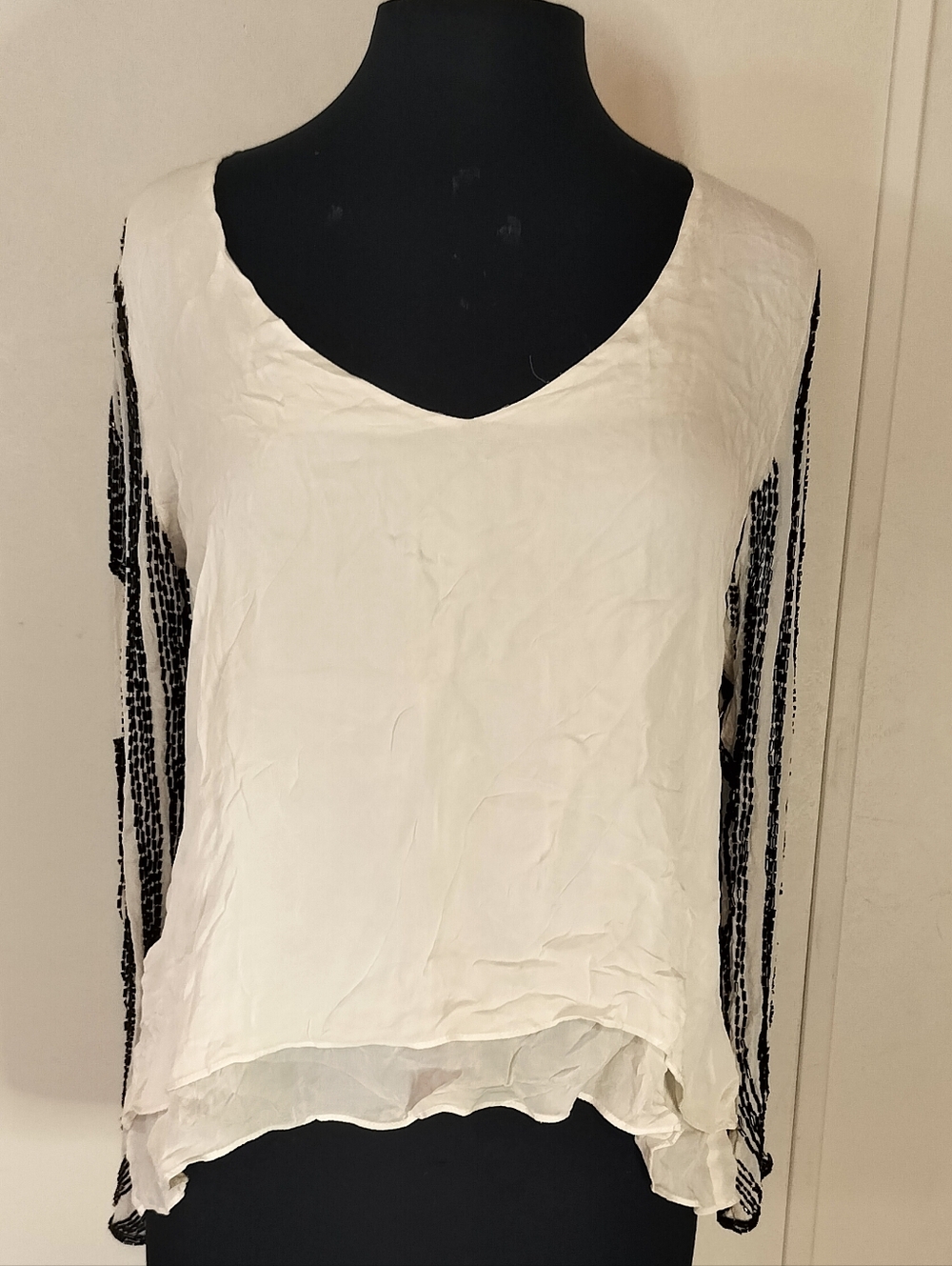 Parker White V-Neck Blouse with Black Patterned Sleeves